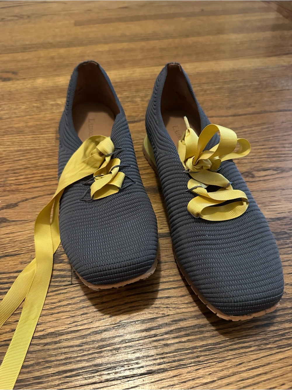 Knit Slip-On Flats in Charcoal with Yellow Ribbon Laces